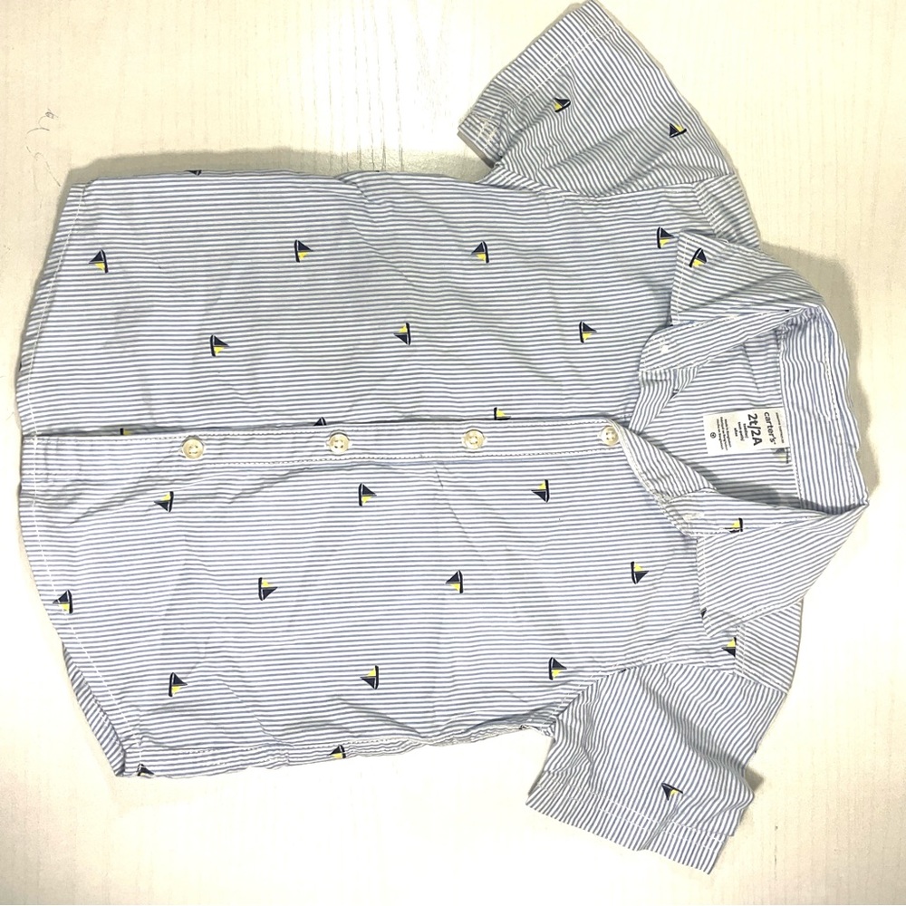 Carters 2T short sleeve stripe button‎ up shirt for toddler blue and white - Picture 7 of 9